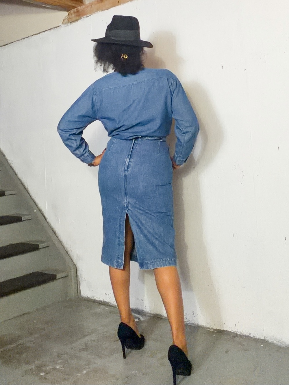 Vintage Cotton Jean Pencil Midi Skirt, S - Picture 2 of 16
